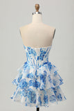 Wit Blauwe Bloem A-lijn Strapless Korset Gelaagde Korte Homecoming Jurk met Pailletten