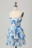 Wit Blauwe Bloem A-lijn Strapless Korset Gelaagde Korte Homecoming Jurk met Pailletten