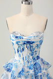 Wit Blauwe Bloem A-lijn Strapless Korset Gelaagde Korte Homecoming Jurk met Pailletten