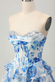 Wit Blauwe Bloem A-lijn Strapless Korset Gelaagde Korte Homecoming Jurk met Pailletten