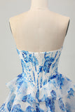 Wit Blauwe Bloem A-lijn Strapless Korset Gelaagde Korte Homecoming Jurk met Pailletten