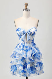 Wit Blauwe Bloemen A-lijn Strapless Ruffle Cut Out Homecoming Jurk met Strik