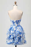 Wit Blauwe Bloemen A-lijn Strapless Ruffle Cut Out Homecoming Jurk met Strik