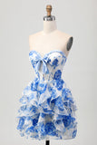 Wit Blauwe Bloemen A-lijn Strapless Ruffle Cut Out Homecoming Jurk met Strik