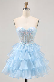 Gelaagde pailletten blauwe strapless korset homecoming jurk
