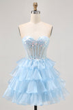 Gelaagde pailletten blauwe strapless korset homecoming jurk