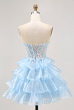 Gelaagde pailletten blauwe strapless korset homecoming jurk