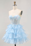 Gelaagde pailletten blauwe strapless korset homecoming jurk
