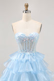 Gelaagde pailletten blauwe strapless korset homecoming jurk