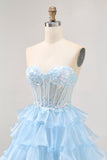 Gelaagde pailletten blauwe strapless korset homecoming jurk