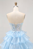 Gelaagde pailletten blauwe strapless korset homecoming jurk