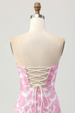 Roze gebloemde off-shoulder homecoming-jurk met afneembare mouwen