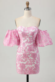 Roze gebloemde off-shoulder homecoming-jurk met afneembare mouwen