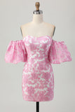 Roze gebloemde off-shoulder homecoming-jurk met afneembare mouwen