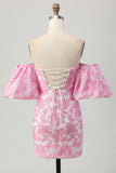 Roze gebloemde off-shoulder homecoming-jurk met afneembare mouwen