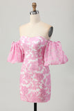 Roze gebloemde off-shoulder homecoming-jurk met afneembare mouwen