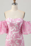 Roze gebloemde off-shoulder homecoming-jurk met afneembare mouwen