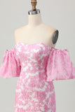 Roze gebloemde off-shoulder homecoming-jurk met afneembare mouwen