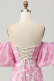 Roze gebloemde off-shoulder homecoming-jurk met afneembare mouwen