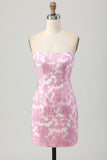 Roze gebloemde off-shoulder homecoming-jurk met afneembare mouwen