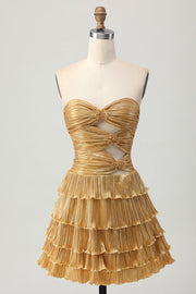 Metallic gouden strapless uitgesneden geplooide gelaagde korte homecoming-jurk