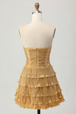 Metallic gouden strapless uitgesneden geplooide gelaagde korte homecoming-jurk