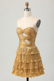 Metallic gouden strapless uitgesneden geplooide gelaagde korte homecoming-jurk
