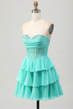 Gele A-lijn strapless gelaagde korset Homecoming jurk met kralen