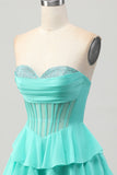Groene A Line Sweetheart korset Homecoming jurk met kralen
