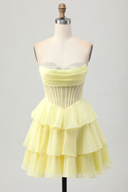 Gele A-lijn strapless gelaagde korset Homecoming jurk met kralen