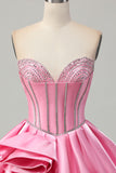 Roze Bodycon Sweetheart satijnen korset Homecoming jurk met strass steentjes
