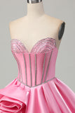 Roze Bodycon Sweetheart satijnen korset Homecoming jurk met strass steentjes