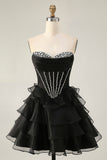 Zwart Strapless Korset Gelaagde A Line Korte Homecoming Jurk met Kralen
