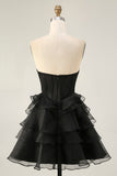 Zwart Strapless Korset Gelaagde A Line Korte Homecoming Jurk met Kralen