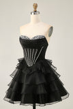 Zwart Strapless Korset Gelaagde A Line Korte Homecoming Jurk met Kralen