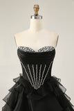Zwart Strapless Korset Gelaagde A Line Korte Homecoming Jurk met Kralen