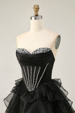 Zwart Strapless Korset Gelaagde A Line Korte Homecoming Jurk met Kralen