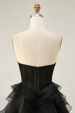 Zwart Strapless Korset Gelaagde A Line Korte Homecoming Jurk met Kralen