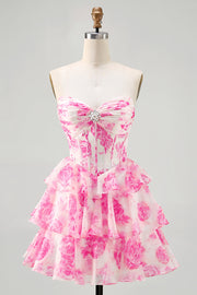 A-lijn strapless korset gelaagde fuchsia korte homecoming-jurk met bloemen