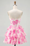 A-lijn strapless korset gelaagde fuchsia korte homecoming-jurk met bloemen