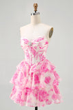 A-lijn strapless korset gelaagde fuchsia korte homecoming-jurk met bloemen