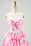 A-lijn strapless korset gelaagde fuchsia korte homecoming-jurk met bloemen