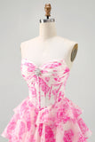 A-lijn strapless korset gelaagde fuchsia korte homecoming-jurk met bloemen