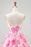 A-lijn strapless korset gelaagde fuchsia korte homecoming-jurk met bloemen