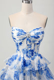 A-lijn strapless korset gelaagde fuchsia korte homecoming-jurk met bloemen