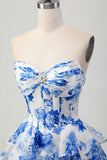 A-lijn strapless korset gelaagde fuchsia korte homecoming-jurk met bloemen