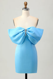 Blauwe strapless strakke homecoming-jurk met ruches en vetersluiting aan de achterkant