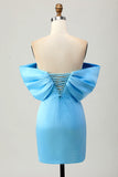Blauwe strapless strakke homecoming-jurk met ruches en vetersluiting aan de achterkant