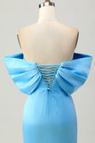 Blauwe strapless strakke homecoming-jurk met ruches en vetersluiting aan de achterkant