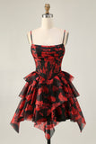 Zwart Rood A Line Cowl Neck Korset Gelaagde Korte Homecoming Jurk